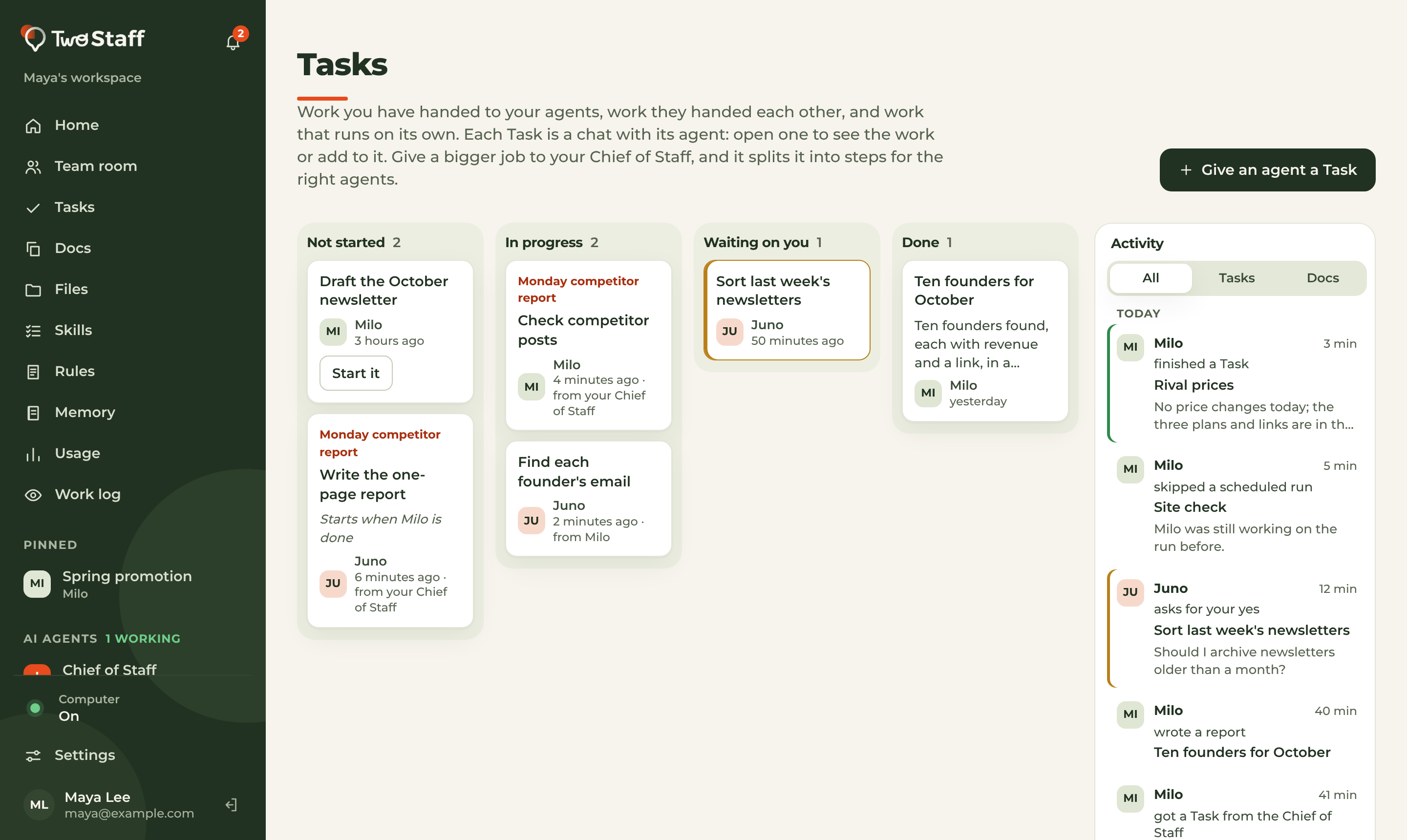 TwoStaff Tasks board with work not started, in progress, waiting on you and done, next to a feed of what each AI Agent has been doing.